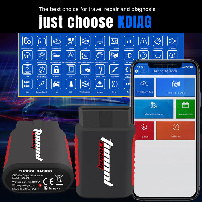 Tucool Racing KDIAG Bluetooth OBD2 Scanner Full System Diagnostic Tool for iPhone & Android Wireless Check Engine Light Car Code Reader, Oil Reset, Performance Test, Voltage Test Software Lifetime Free