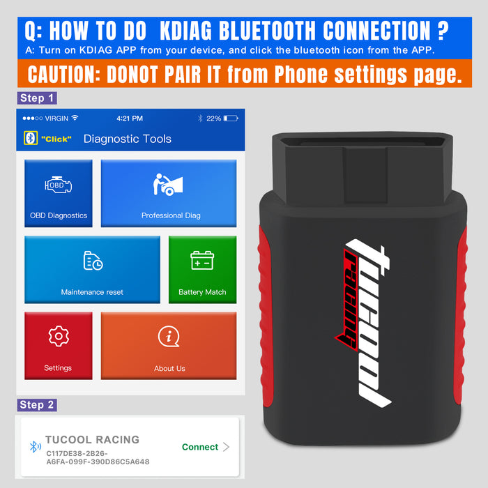 Tucool Racing KDIAG Bluetooth OBD2 Scanner Full System Diagnostic Tool for iPhone & Android Wireless Check Engine Light Car Code Reader, Oil Reset, Performance Test, Voltage Test Software Lifetime Free